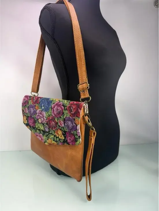 Trades of Hope Floral Needlepoint Leather Crossbody Bag Boho Artisan - Picture 2 of 8